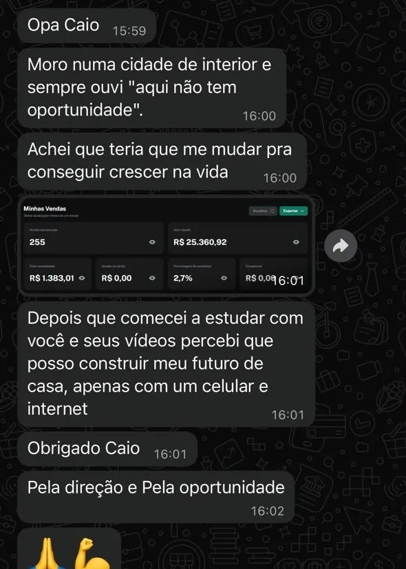Print de mentorado contando que já passou de R$25 mil em vendas
