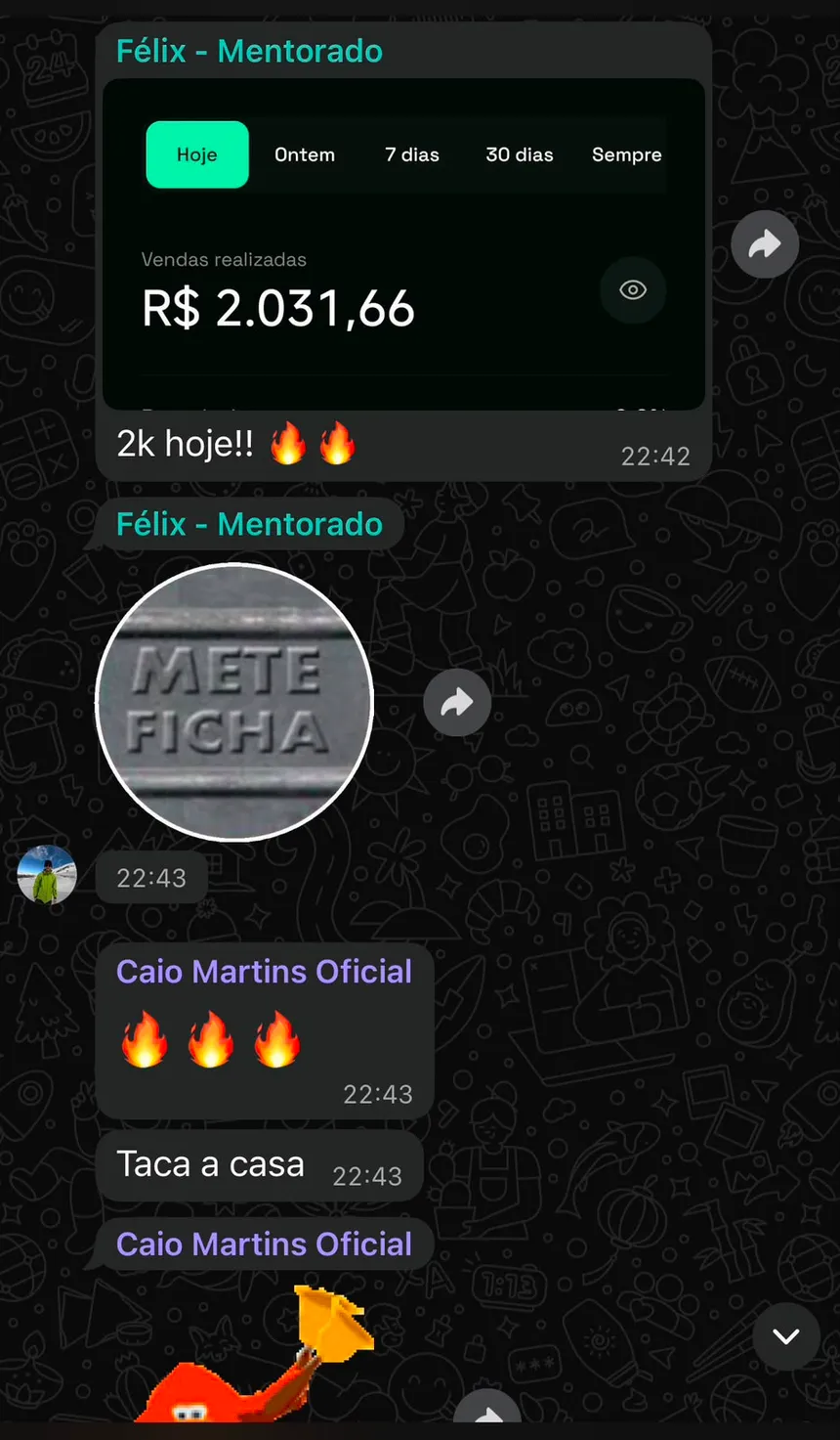 Print do Félix, mentorado, com R$2.031,66 em vendas no dia