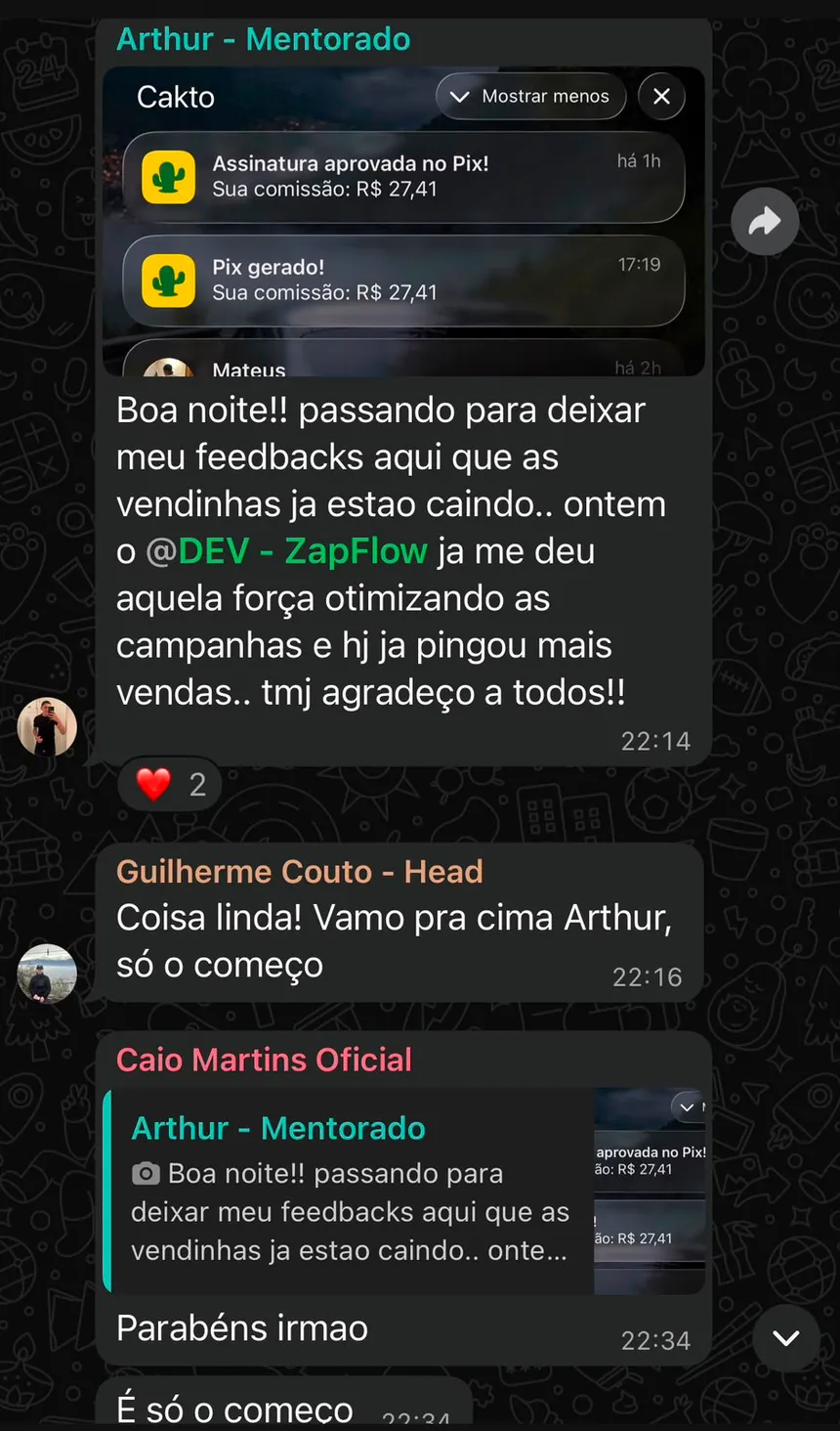 Print do Arthur, mentorado, com assinaturas aprovadas no Pix