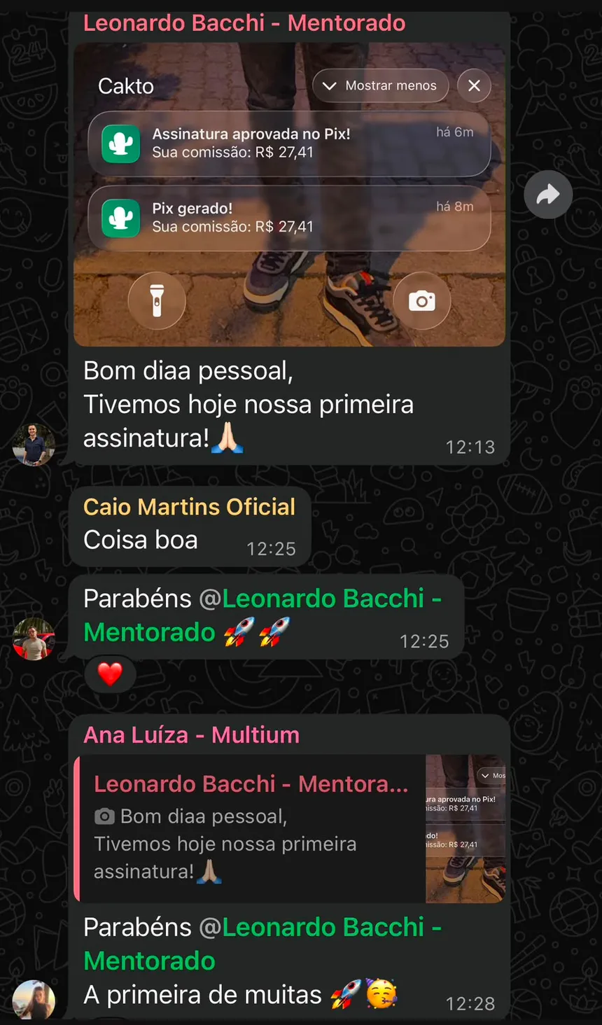 Print do Leonardo, mentorado, comemorando a primeira assinatura